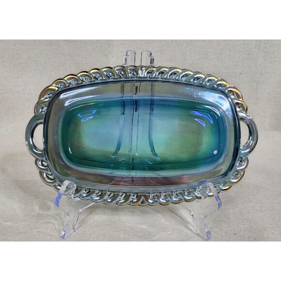 Vintage Indiana Glass Harvest Grape Blue Carnival Glass Creamer Sugar & Tray Set - Picture 4 of 16